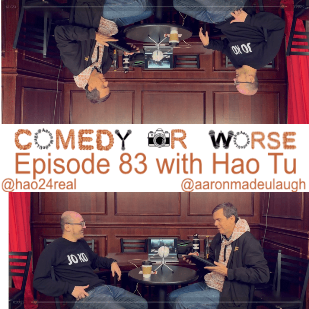 Cover image shows host Aaron Trahan and Hao Tu recording the episode